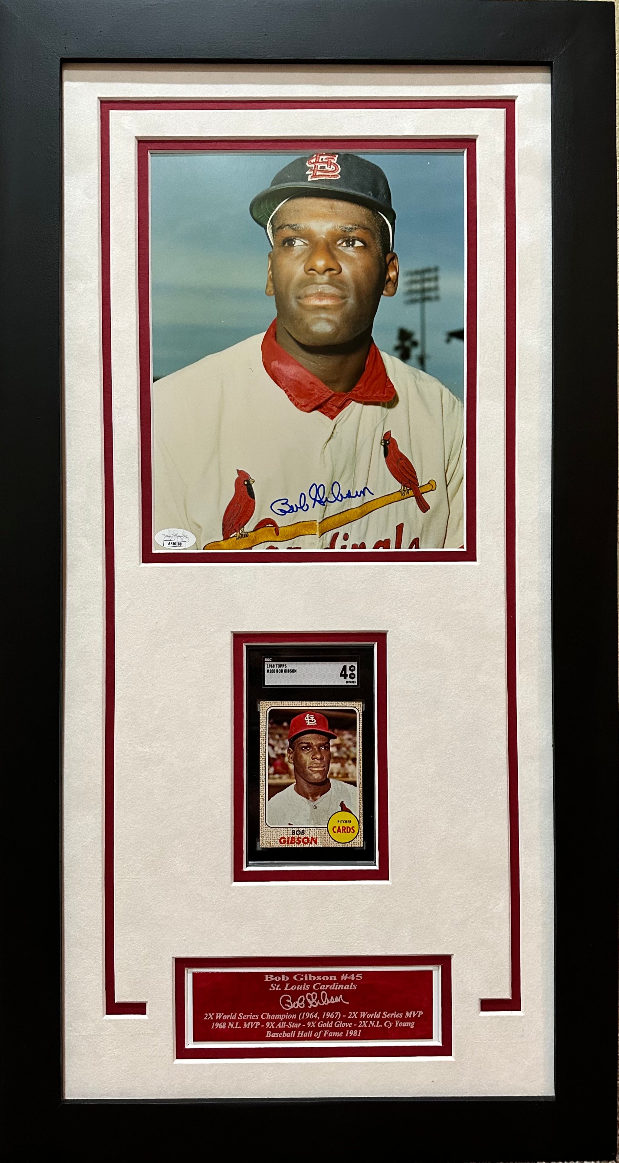 BOB GIBSON AUTOGRAPHED SIGNED 8x10 PHOTO FRAMED W/GRADED CARD JSA CARDINALS
