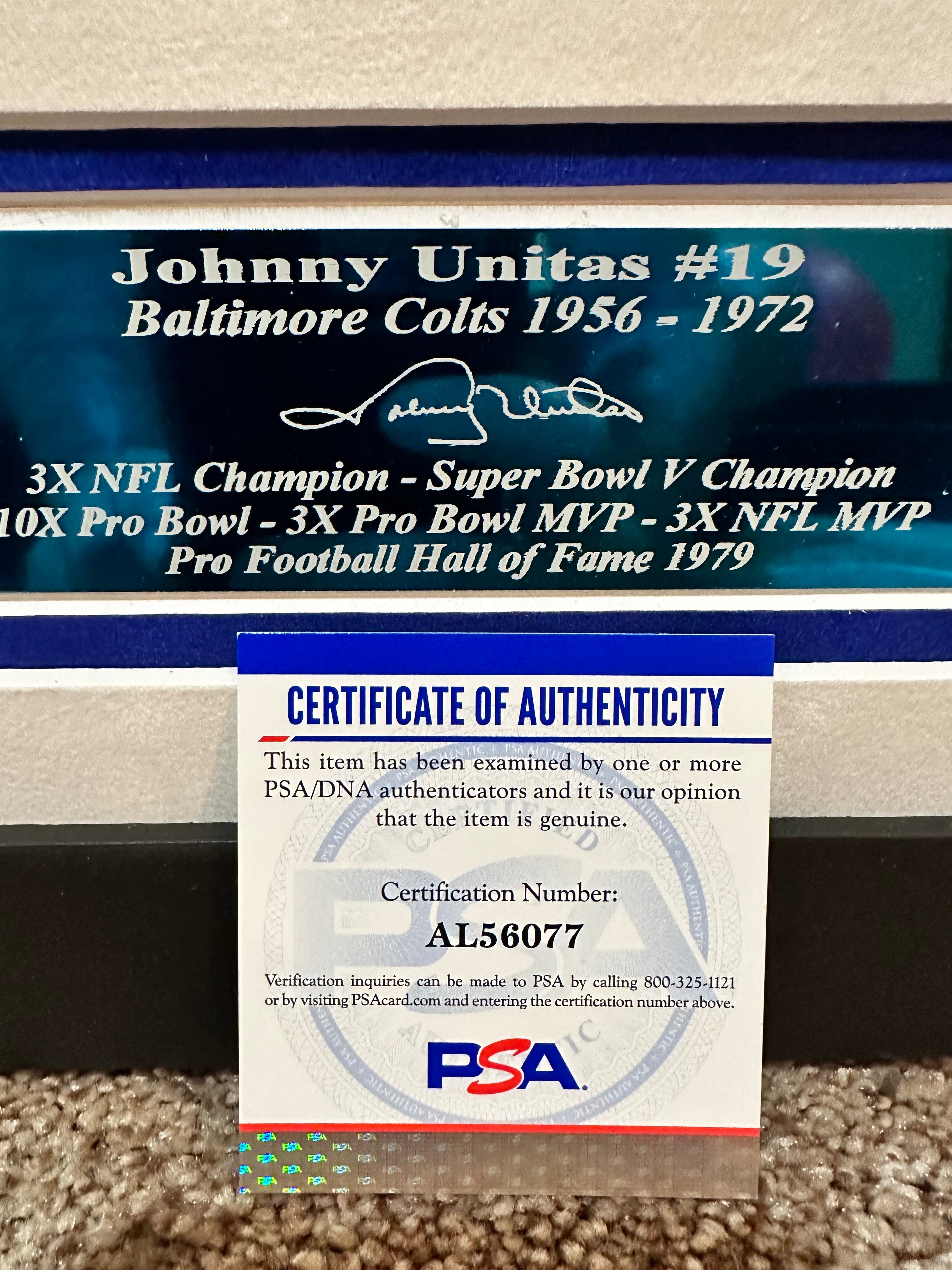 JOHNNY UNITAS AUTO SIGNED BALTIMORE/INDIANAPOLIS COLTS 8x10 FRAMED W/CARD PSA
