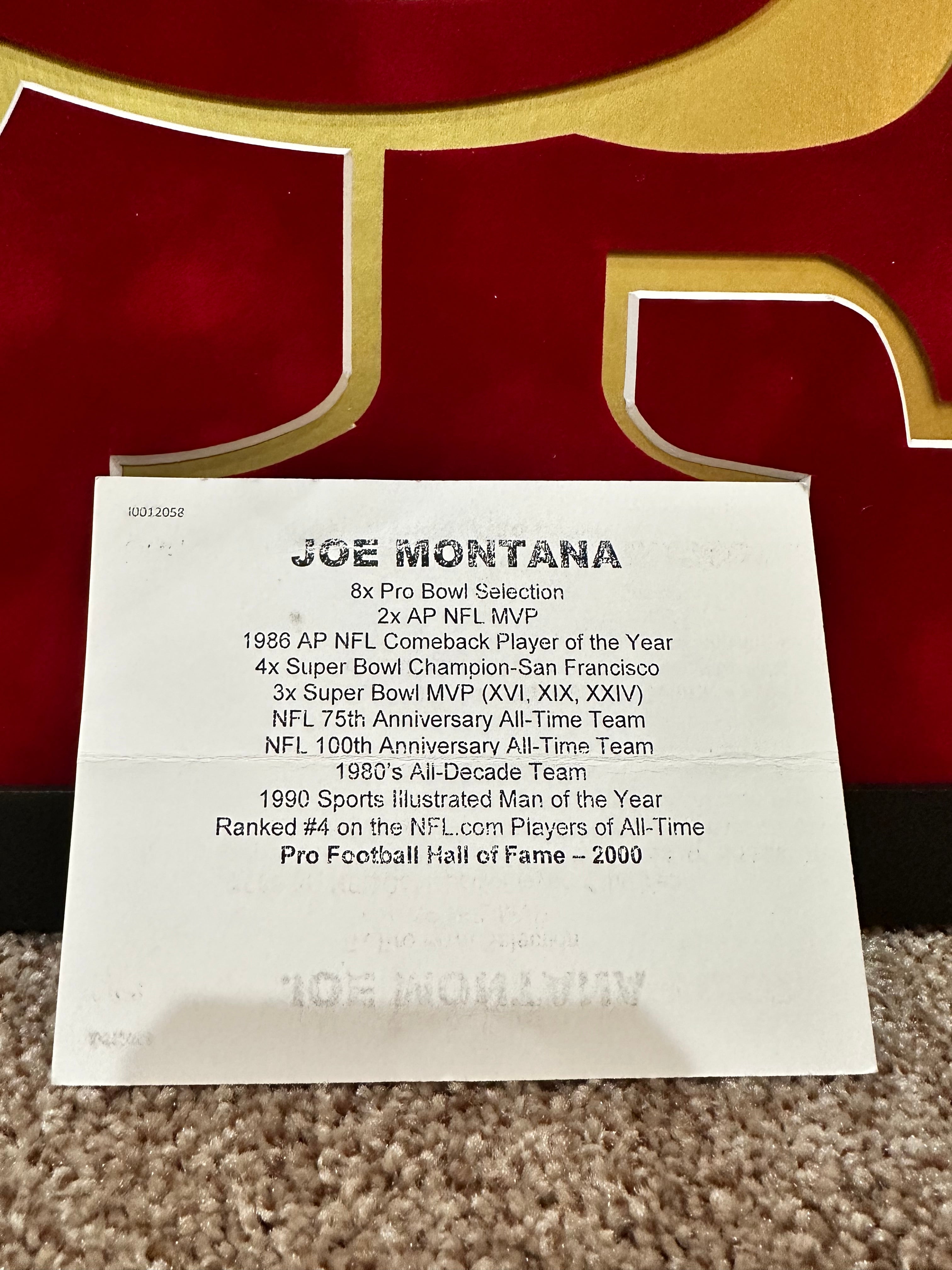 JOE MONTANA AUTO FRAMED SAN FRANCISCO 49ers CUSTOM JERSEY FRAMED TRISTAR SUEDE
